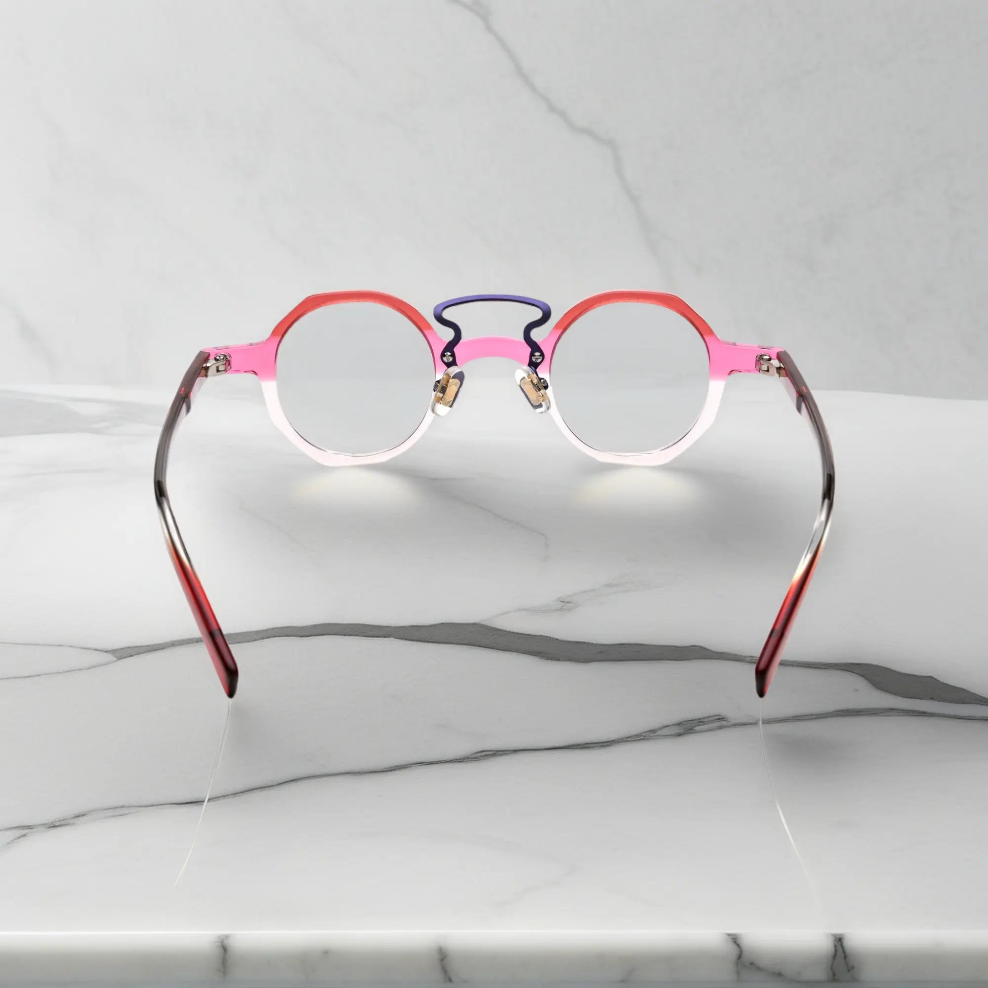 Angled image of VoyueLens™ VL19244 Rosé Amethyst Glow unisex geometric small face eyeglasses